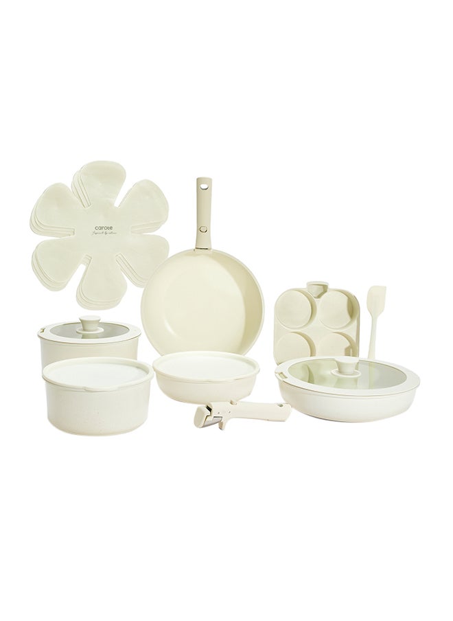 17 Piece Detachable Swiss Granite Cookware Set, Non-Stick, 1x Eggpan, 1x20cm Frypan, 1x26cm Frypan, 1x18cm Saucepan, 1x20cm Saucepan with silicone lid, 1x26cm Deep Frypan with silicone lid, 1x18cm fridge lid, 1x20cm fridge lid, 2 handles, 1 spatula, 4x Pan protector, Ice Cream Color