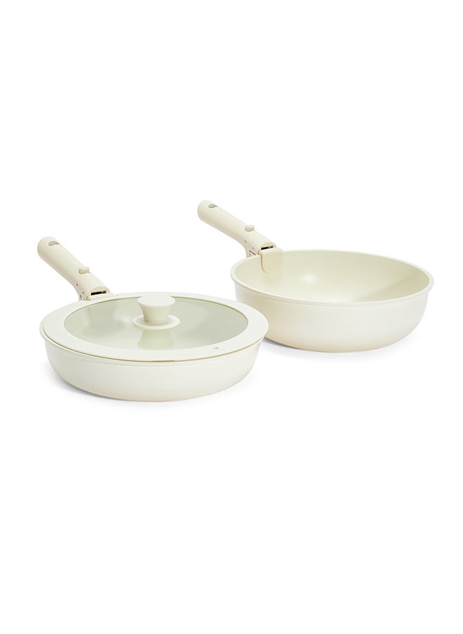 17 Piece Detachable Swiss Granite Cookware Set, Non-Stick, 1x Eggpan, 1x20cm Frypan, 1x26cm Frypan, 1x18cm Saucepan, 1x20cm Saucepan with silicone lid, 1x26cm Deep Frypan with silicone lid, 1x18cm fridge lid, 1x20cm fridge lid, 2 handles, 1 spatula, 4x Pan protector, Ice Cream Color