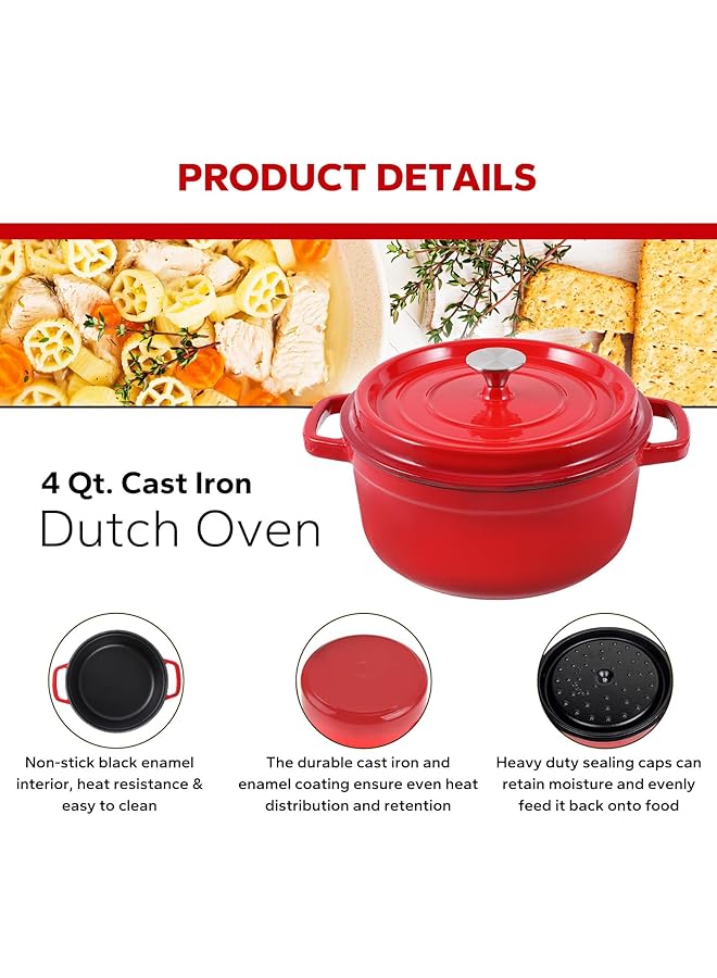 قدر هولندي من الحديد الزهر المطلي بالمينا، سعة 4 كوارت، أحمر، مثالي للطهي والقلي والشواء - Image 3