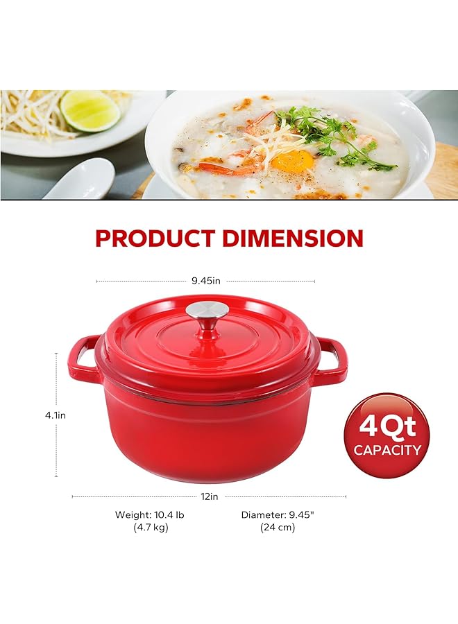 قدر هولندي من الحديد الزهر المطلي بالمينا، سعة 4 كوارت، أحمر، مثالي للطهي والقلي والشواء - Image 5