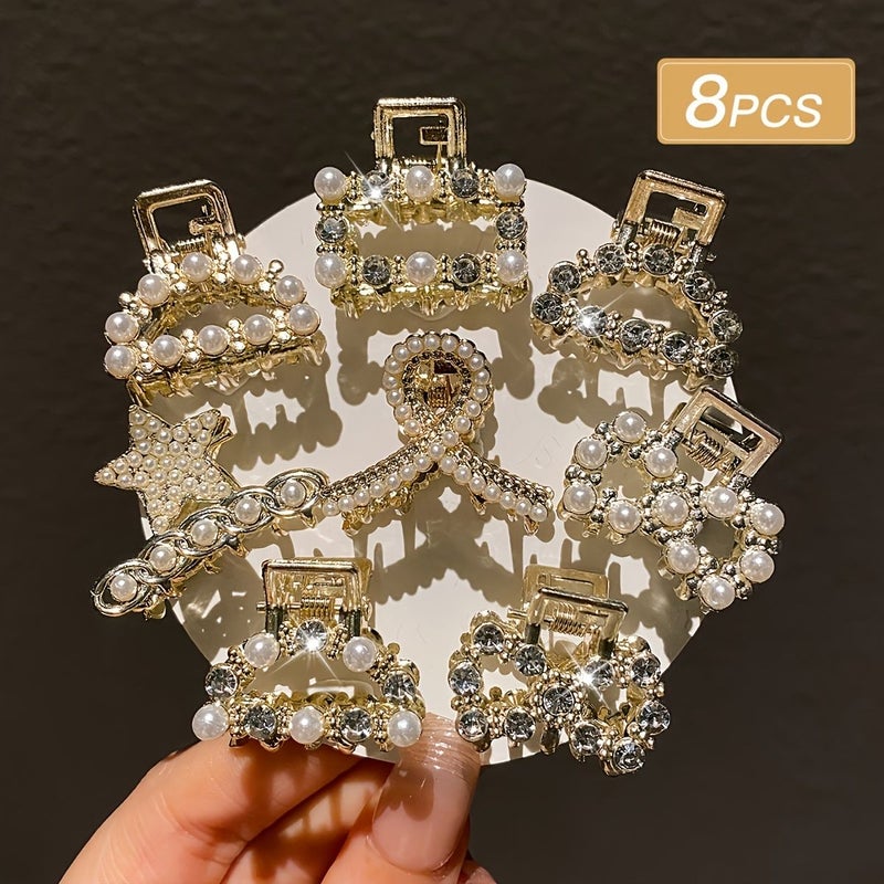 8pc Sparkling Rhinestone Pearl Hair Clips for Daily Travel Holiday Gift - Image 1