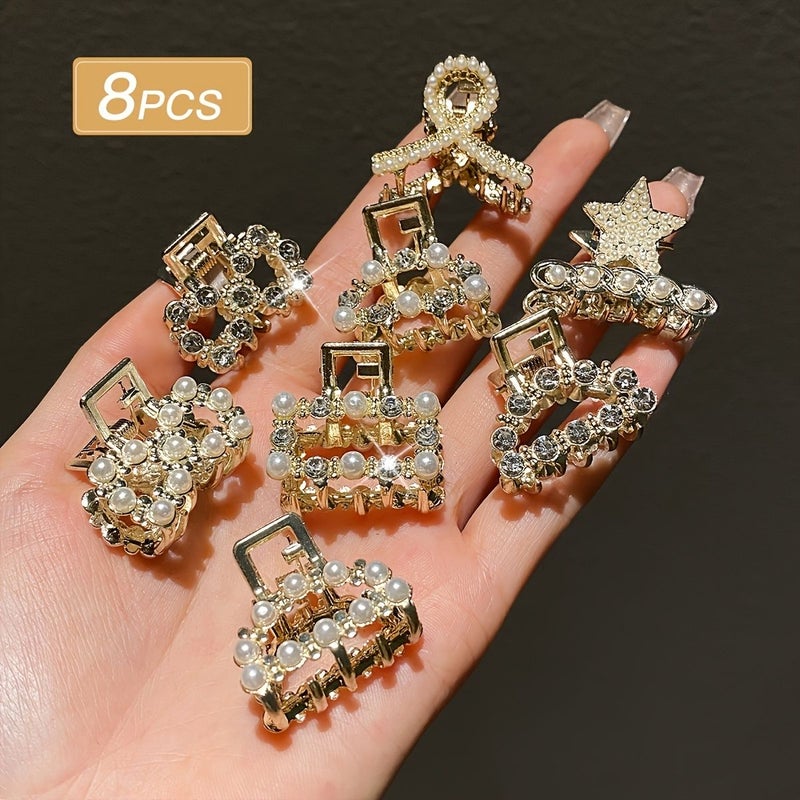 8pc Sparkling Rhinestone Pearl Hair Clips for Daily Travel Holiday Gift - Image 3