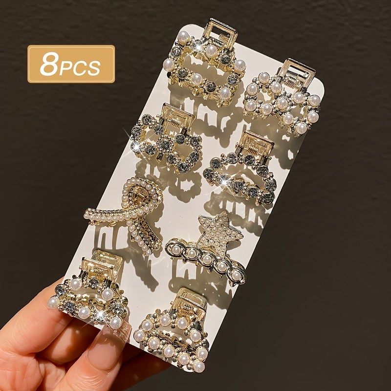 8pc Sparkling Rhinestone Pearl Hair Clips for Daily Travel Holiday Gift - Image 2
