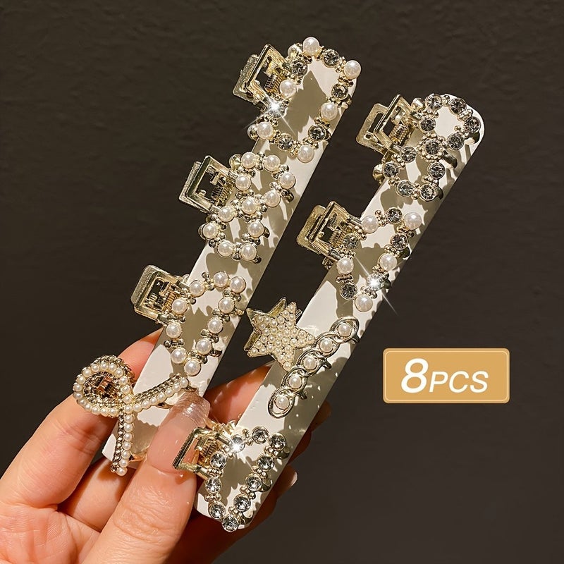 8pc Sparkling Rhinestone Pearl Hair Clips for Daily Travel Holiday Gift - Image 5