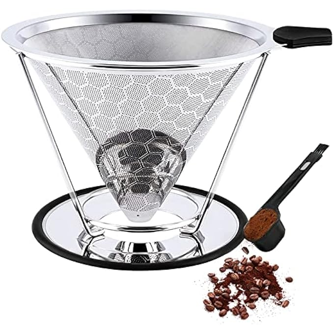 Gocoffun فلتر قهوة مخروطي قابل لإعادة الاستخدام، 14 كوبًا من الفولاذ المقاوم للصدأ، فلاتر قهوة محمولة، ماكينة صنع القهوة مع فرشاة تنظيف للمنزل والمكتب والسفر والتخييم - Image 1