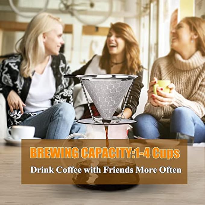 Gocoffun فلتر قهوة مخروطي قابل لإعادة الاستخدام، 14 كوبًا من الفولاذ المقاوم للصدأ، فلاتر قهوة محمولة، ماكينة صنع القهوة مع فرشاة تنظيف للمنزل والمكتب والسفر والتخييم - Image 5