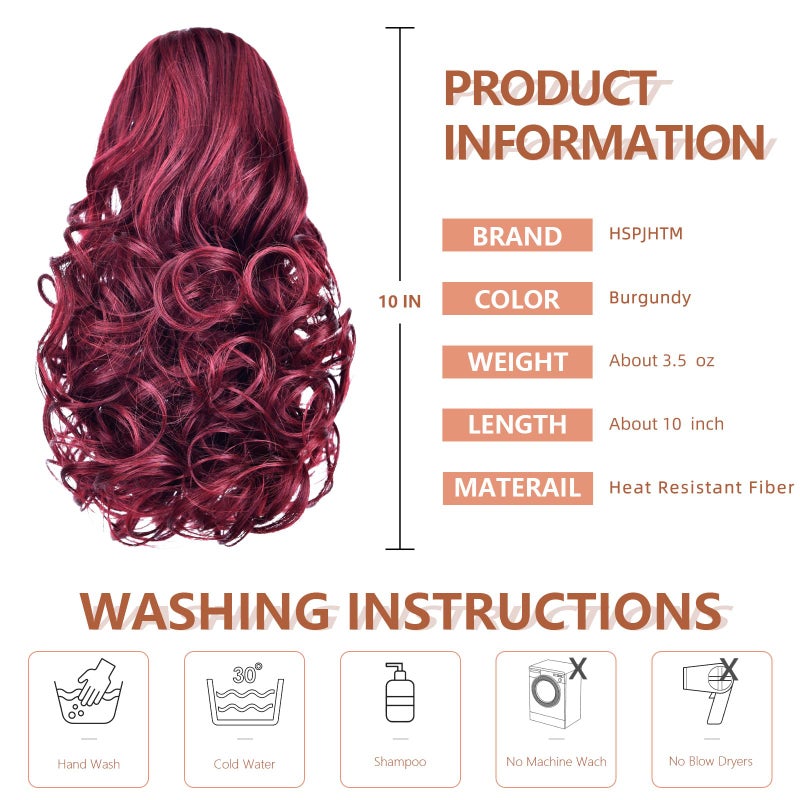 HSPJHTM Red Ponytail Extension,Burgundy Ponytails Hair Extensions Girls Clip on Pony Tail 10" Wavy Claw Clip Extension Hair Piece for Women Halloween Synthetic - Image 2