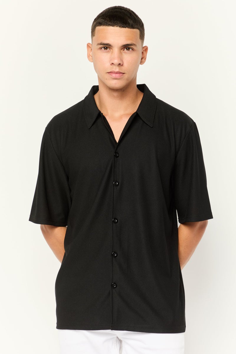 Core Elements Men Regular Fit Short Sleeve Ribbed Casual Shirts, Black - Image 1