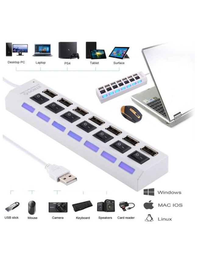 بورتز موزع منافذ USB بـ7 منافذ مع مفاتيح تشغيل/إيقاف فردية وكابل طويل، أبيض - Image 3