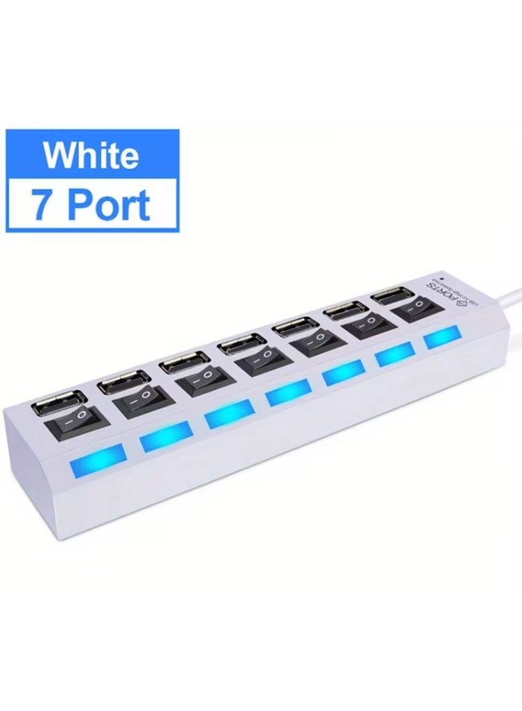 بورتز موزع منافذ USB بـ7 منافذ مع مفاتيح تشغيل/إيقاف فردية وكابل طويل، أبيض - Image 1