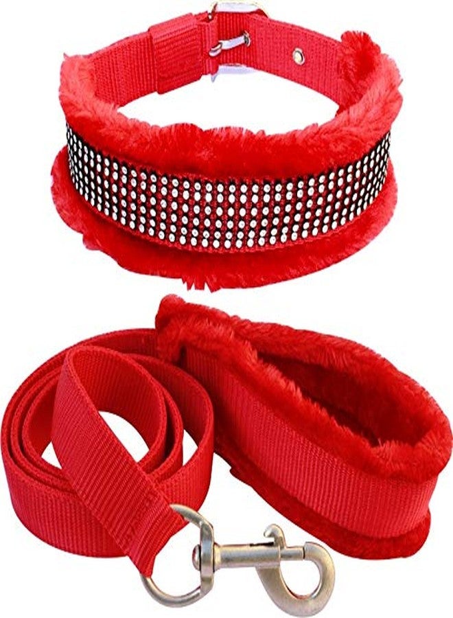 PEDIGONE Dog Belt Combo of Nylon Red Fur Padded Dog Collar with Soft Handle Fur Padded Dog Leash for All Breeds of Dog Collar Leash (Large) - Image 1