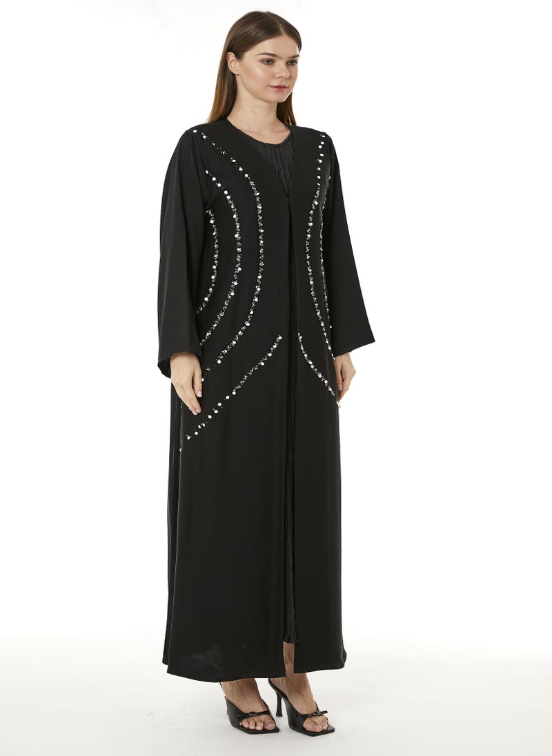 MOiSTREET Black Indonesian Crepe Hand Embellished Abaya - Image 1