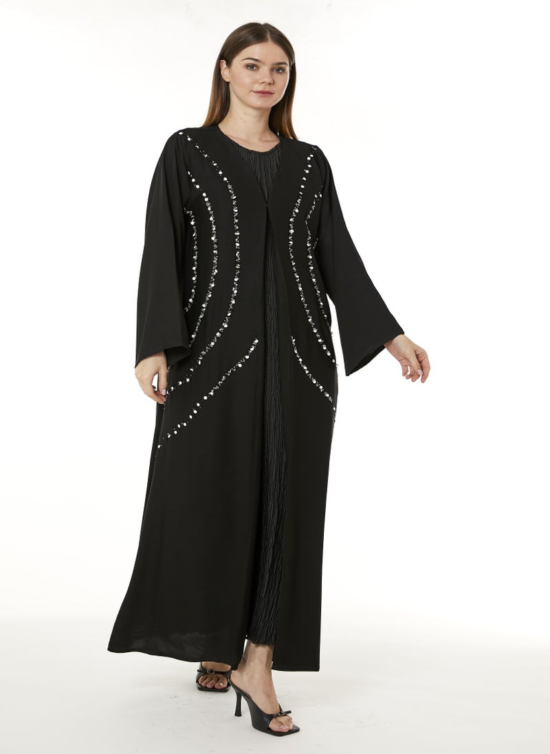 MOiSTREET Black Indonesian Crepe Hand Embellished Abaya - Image 2