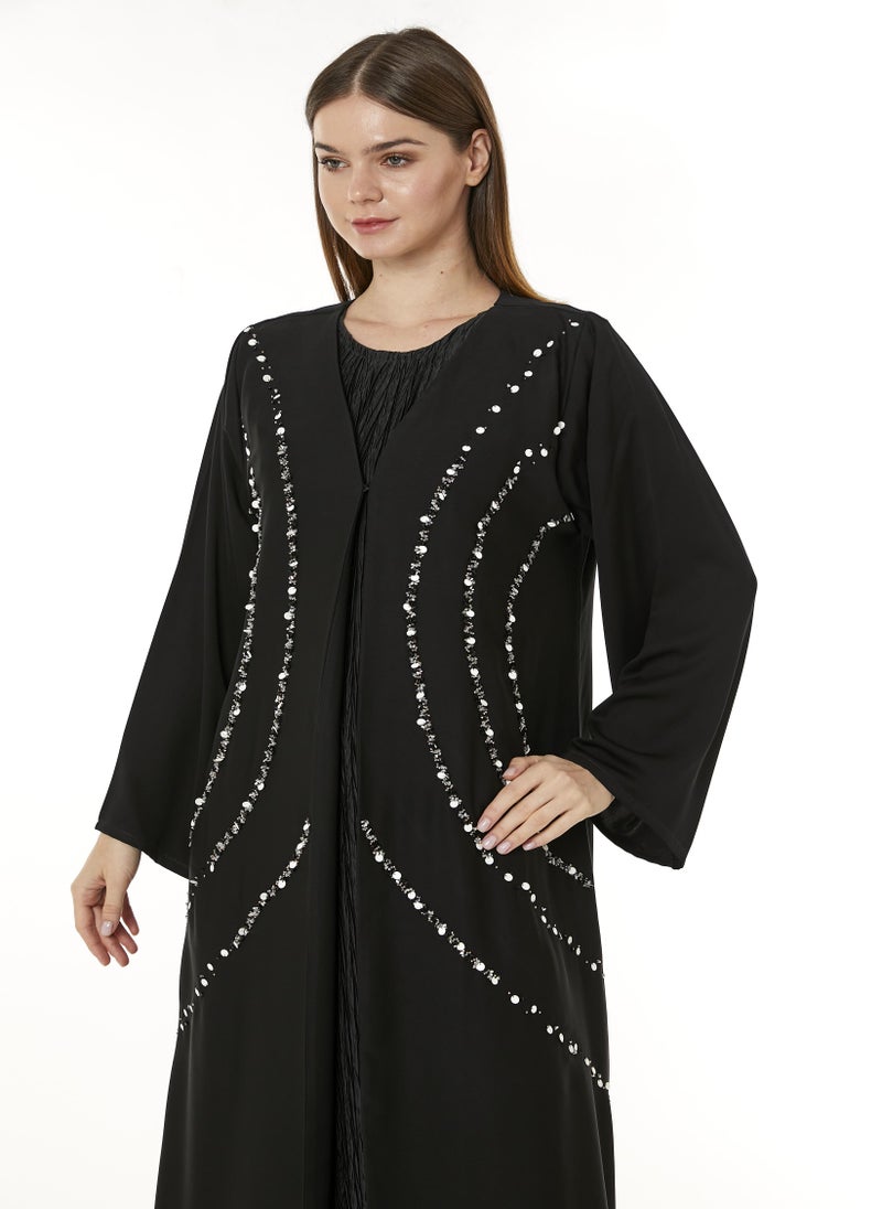 MOiSTREET Black Indonesian Crepe Hand Embellished Abaya - Image 3