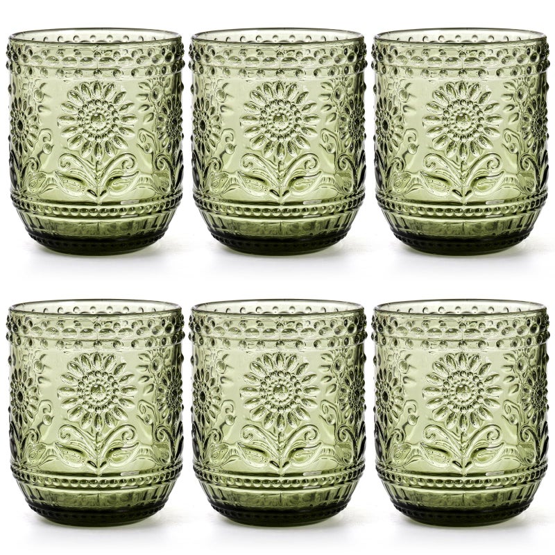 Hacaroa Set of 6 Vintage Drinking Glasses, 12 Oz Green Colored Glassware Floral Embossed Water Glasses, Decorative Beverages Tumblers for Cocktail, Whiskey, Beer - Image 1