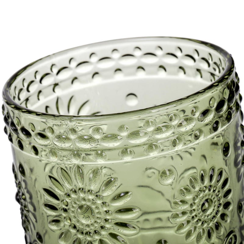 Hacaroa Set of 6 Vintage Drinking Glasses, 12 Oz Green Colored Glassware Floral Embossed Water Glasses, Decorative Beverages Tumblers for Cocktail, Whiskey, Beer - Image 4