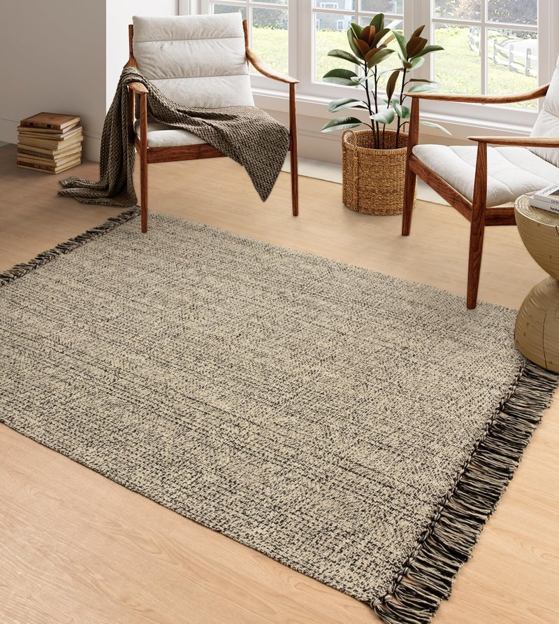 Collive 4x6 Area Rug, Natural/Black Woven Cotton Washable Modern Bedroom Rugs, Boho Dining Room Door Rug Carpet with Tassel for Living Room Nursery Room Office, Outdoor Rug for Patio Hallway Decor - Image 1