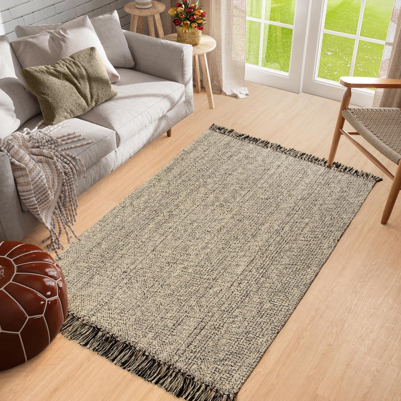Collive 4x6 Area Rug, Natural/Black Woven Cotton Washable Modern Bedroom Rugs, Boho Dining Room Door Rug Carpet with Tassel for Living Room Nursery Room Office, Outdoor Rug for Patio Hallway Decor - Image 2