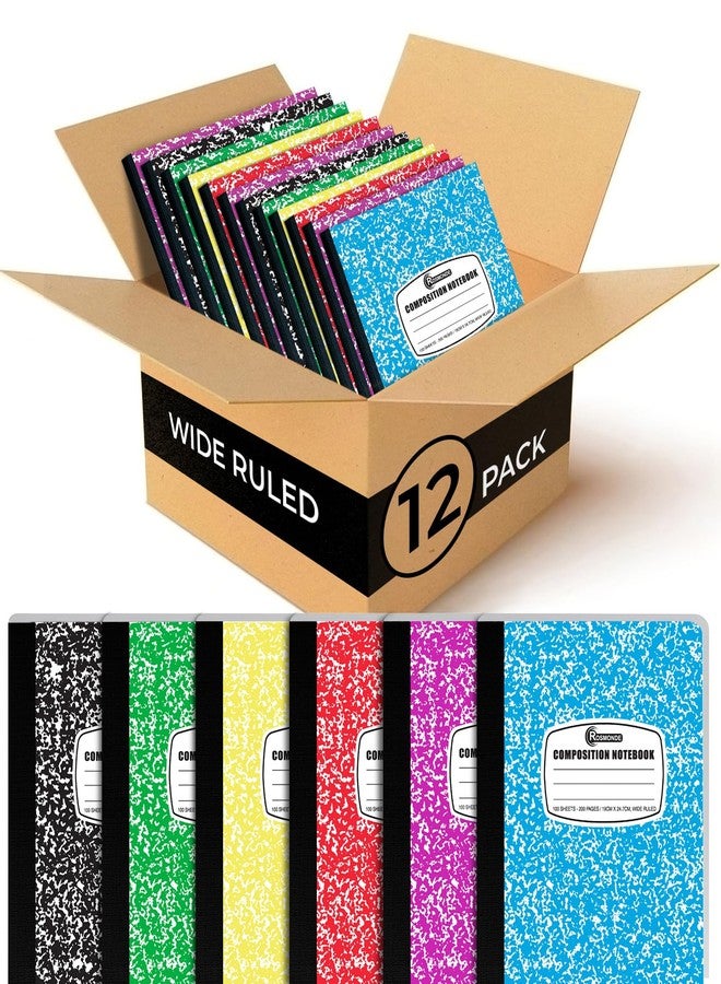 Rosmonde Wide Ruled Composition Notebooks 12 Pack, 200 Pages (100 Sheets), 9-3/4 x 7-1/2", Hard Cover, Sturdy Sewn Binding, Assorted Fun Colors Marble Composition Book, School & Office Note Book, Bulk - Image 1