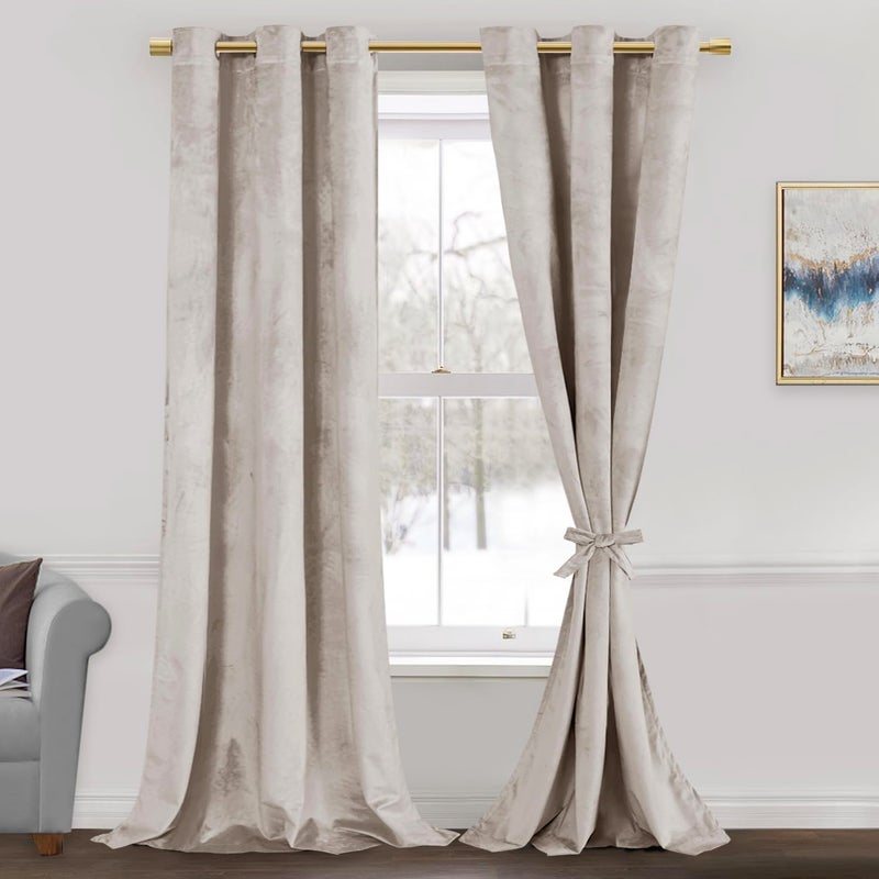JIUZHEN Cream Velvet Curtains 84 inches for Living Room - Thermal Insualted Room Darkening Grommet Thick Velvet Window Drapes for Bedroom/Dining Room  Set of 2 with Tiebacks  42W x 84L - Image 1