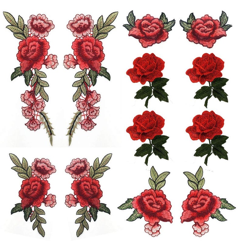 Banfeng 12 Pieces Red Rose Embroidered Flower Applique Patches Sew On Arts Crafts DIY Decor Jeans Jackets Clothing Bags