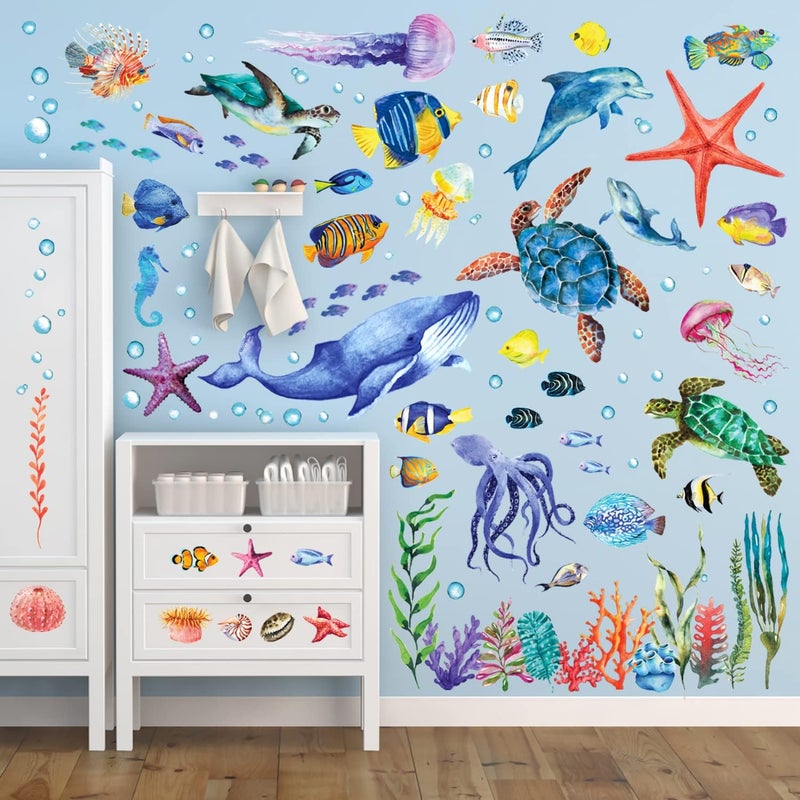 BASHOM DS128048 128 Pieces Under The Sea Wall Decals Ocean Fish Stickers Turtle Jellyfish Seaweed Removable for Kids Bedroom Nursery Living Room Home Art Decor Bathroom Baby - Image 3
