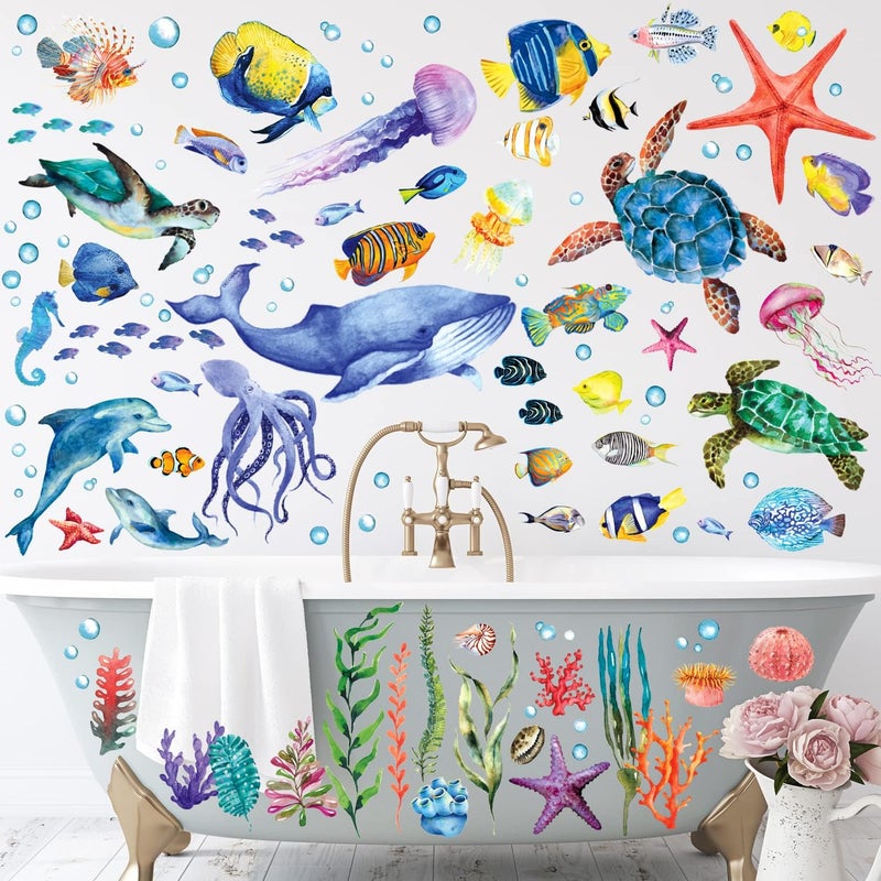 BASHOM DS128048 128 Pieces Under The Sea Wall Decals Ocean Fish Stickers Turtle Jellyfish Seaweed Removable for Kids Bedroom Nursery Living Room Home Art Decor Bathroom Baby - Image 2