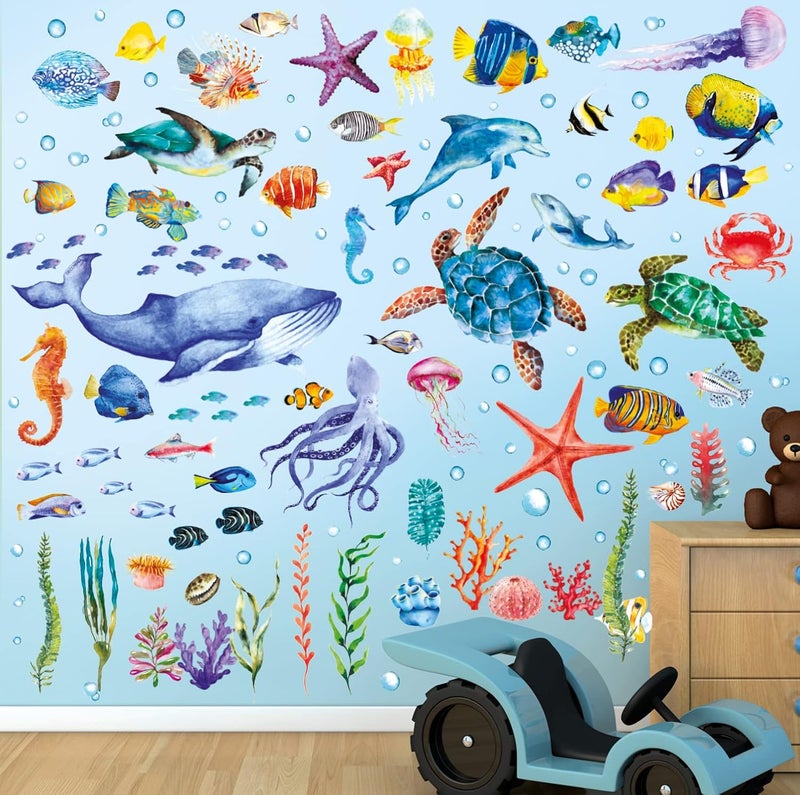 BASHOM DS128048 128 Pieces Under The Sea Wall Decals Ocean Fish Stickers Turtle Jellyfish Seaweed Removable for Kids Bedroom Nursery Living Room Home Art Decor Bathroom Baby - Image 1