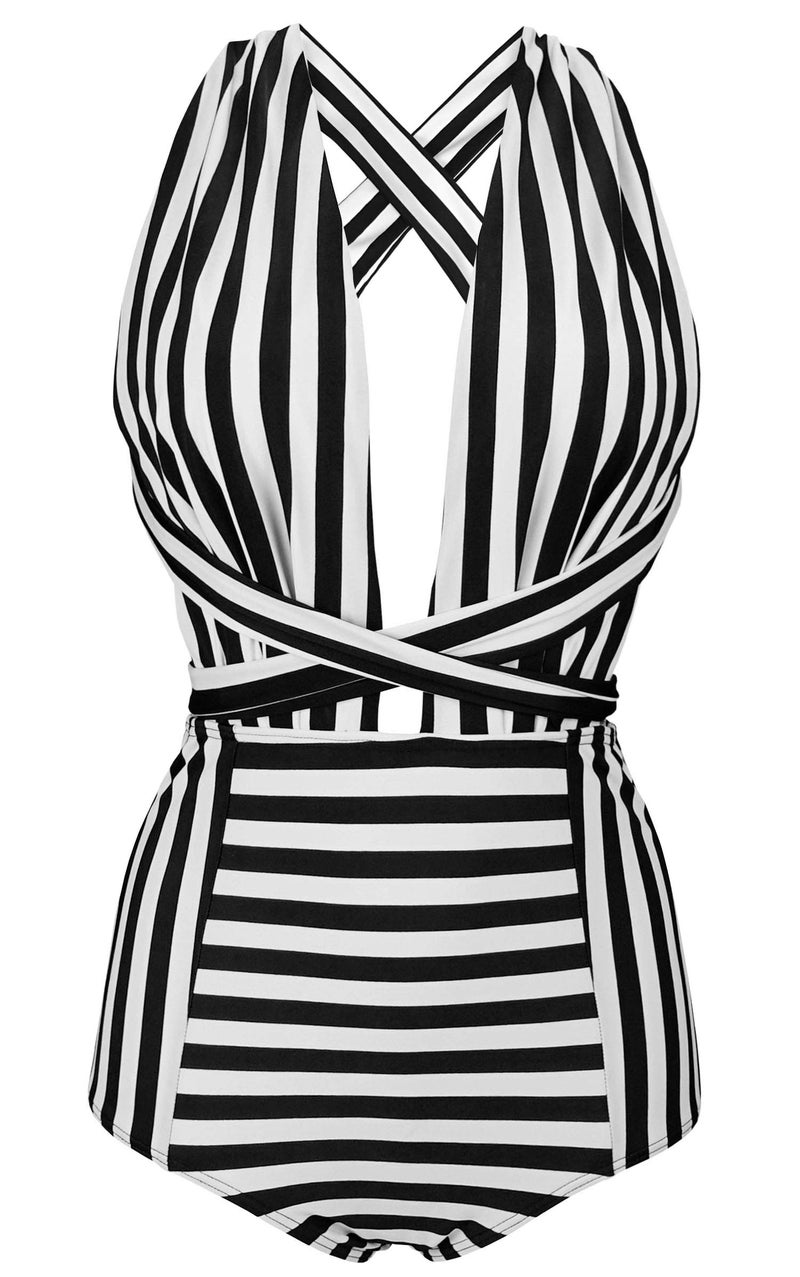 COCOSHIP Black & White Striped Fashion One Piece V-Neck Swimsuit Bather High Waisted Criss Cross Swimwear Monokini S(US4) - Image 1