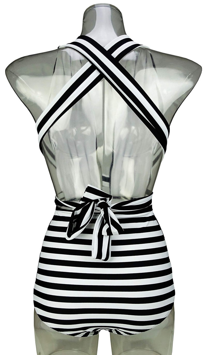 COCOSHIP Black & White Striped Fashion One Piece V-Neck Swimsuit Bather High Waisted Criss Cross Swimwear Monokini S(US4) - Image 3