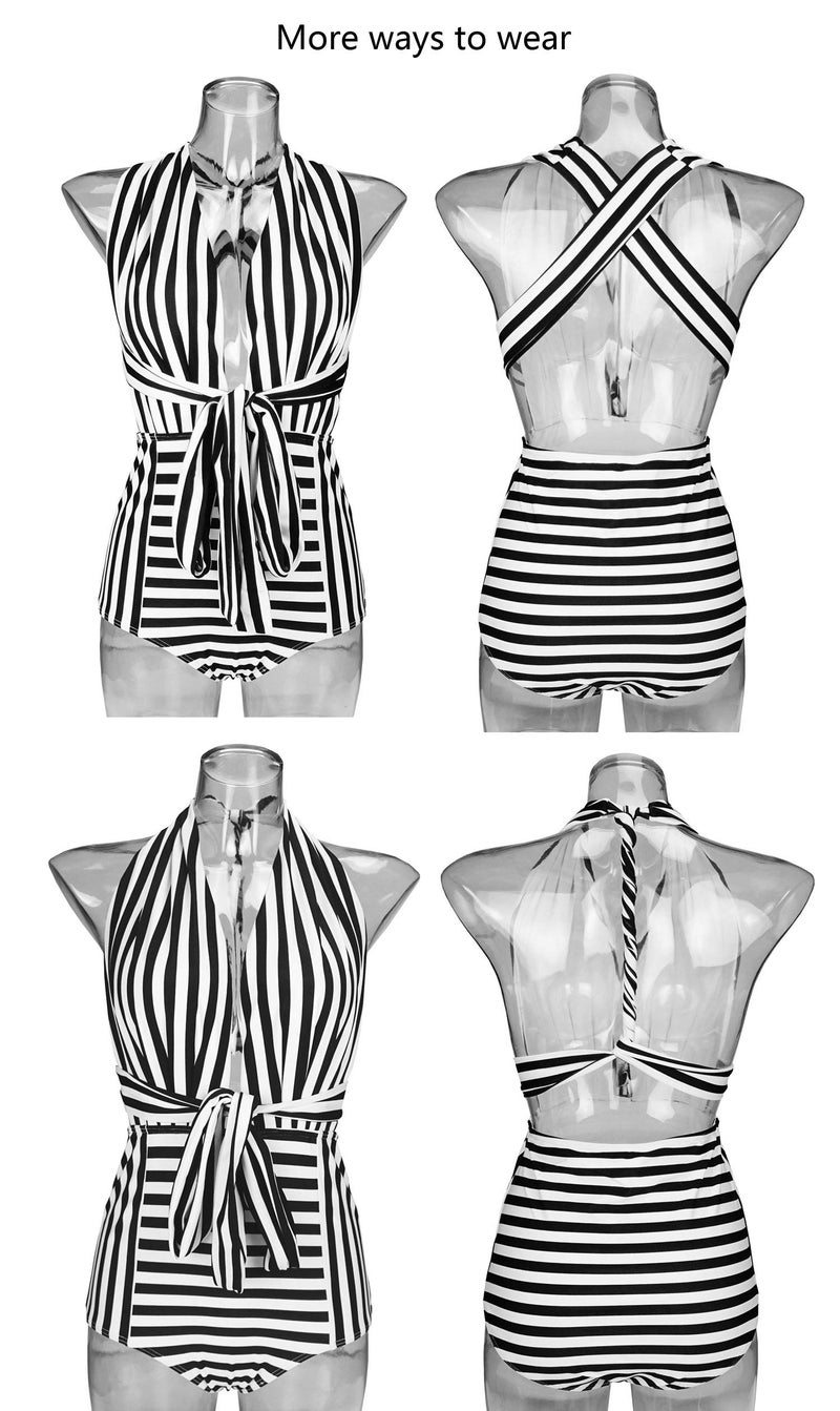 COCOSHIP Black & White Striped Fashion One Piece V-Neck Swimsuit Bather High Waisted Criss Cross Swimwear Monokini S(US4) - Image 5