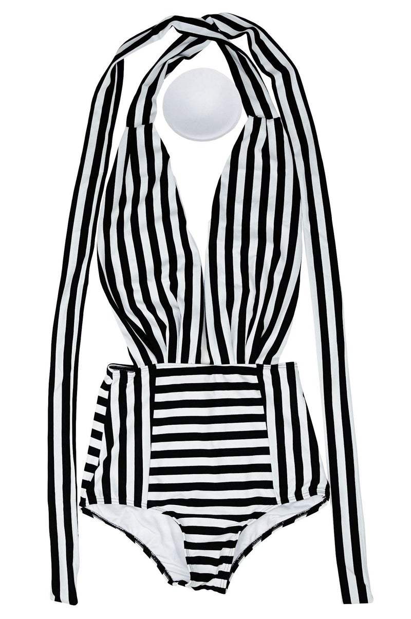 COCOSHIP Black & White Striped Fashion One Piece V-Neck Swimsuit Bather High Waisted Criss Cross Swimwear Monokini S(US4) - Image 4