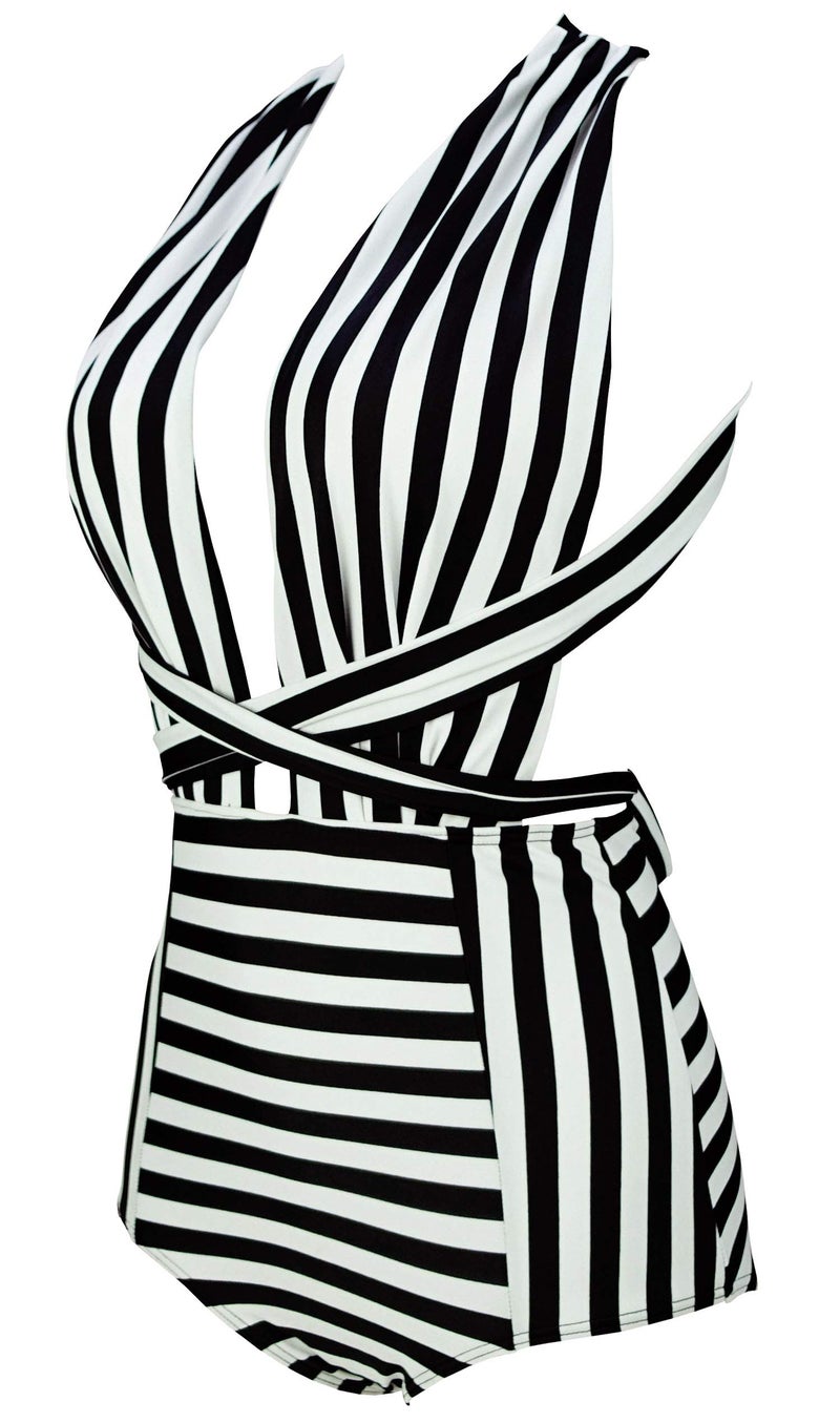 COCOSHIP Black & White Striped Fashion One Piece V-Neck Swimsuit Bather High Waisted Criss Cross Swimwear Monokini S(US4) - Image 2