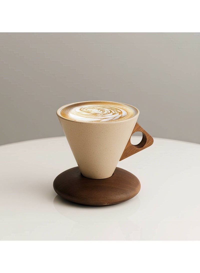 كوب قهوة خزفي رجعي، طقم أكواب قهوة خزفية بسيطة على الطراز الياباني الإبداعي مع قاعدة ومقبض خشبيين، سعة كبيرة 250 مل لتخمير القهوة الإسبريسو يدويًا والشاي بالحليب والعصير والزبادي - Image 1