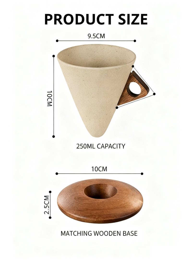 كوب قهوة خزفي رجعي، طقم أكواب قهوة خزفية بسيطة على الطراز الياباني الإبداعي مع قاعدة ومقبض خشبيين، سعة كبيرة 250 مل لتخمير القهوة الإسبريسو يدويًا والشاي بالحليب والعصير والزبادي - Image 3