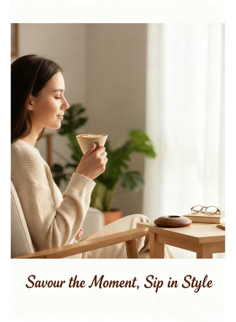 كوب قهوة خزفي رجعي، طقم أكواب قهوة خزفية بسيطة على الطراز الياباني الإبداعي مع قاعدة ومقبض خشبيين، سعة كبيرة 250 مل لتخمير القهوة الإسبريسو يدويًا والشاي بالحليب والعصير والزبادي - Image 2