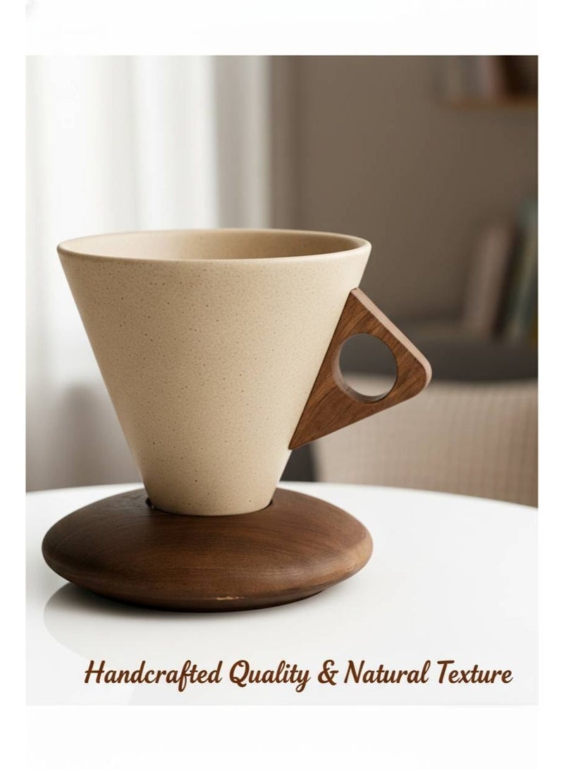 كوب قهوة خزفي رجعي، طقم أكواب قهوة خزفية بسيطة على الطراز الياباني الإبداعي مع قاعدة ومقبض خشبيين، سعة كبيرة 250 مل لتخمير القهوة الإسبريسو يدويًا والشاي بالحليب والعصير والزبادي - Image 5