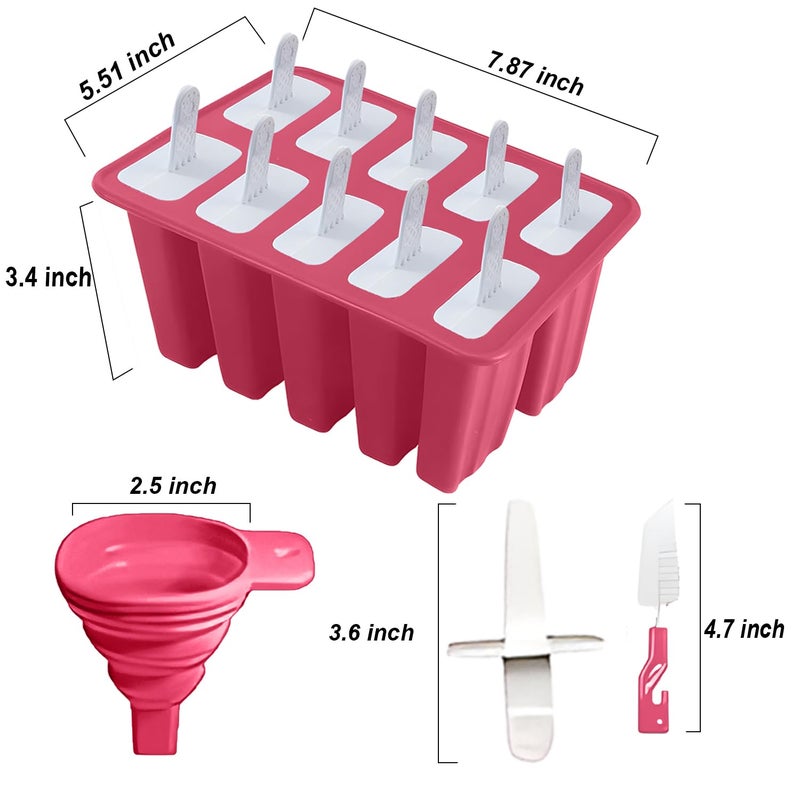 BRENSTEN Silicone Popsicle Molds 10 Pcs Ice Pop Maker Molds with 10 Reusable Sticks, Cleaning Brush and Funnel - Homemade Easy-Release Reusable Popsicle Moulds Shapes (Red) - Image 4