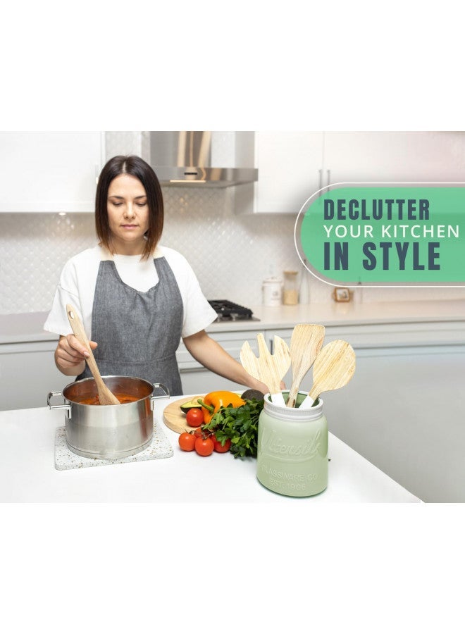 Comfify Wide Mouth Mason Jar Utensil Holder Decorative Kitchenware Organizer Crock, Chip Resistant Ceramic, Dishwasher Safe - Kitchen Caddy Green, Large Size 7" High - Image 5