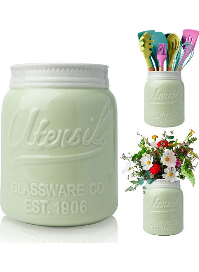 Comfify Wide Mouth Mason Jar Utensil Holder Decorative Kitchenware Organizer Crock, Chip Resistant Ceramic, Dishwasher Safe - Kitchen Caddy Green, Large Size 7" High - Image 1