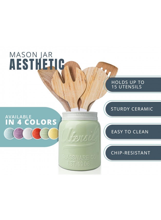 Comfify Wide Mouth Mason Jar Utensil Holder Decorative Kitchenware Organizer Crock, Chip Resistant Ceramic, Dishwasher Safe - Kitchen Caddy Green, Large Size 7" High - Image 2