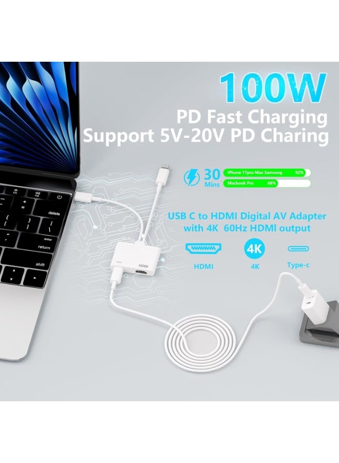 محول Lightning و USB-C إلى HDMI لـ iPhone و iPad إلى التلفزيون، محول رقمي AV من Apple لمزامنة الشاشة بدقة 4K@60Hz، لهواتف iPhone 17/16/15/14/13/12 وأجهزة MacBook، للاستخدام مع التلفزيون / جهاز العرض / الشاشة. - Image 2