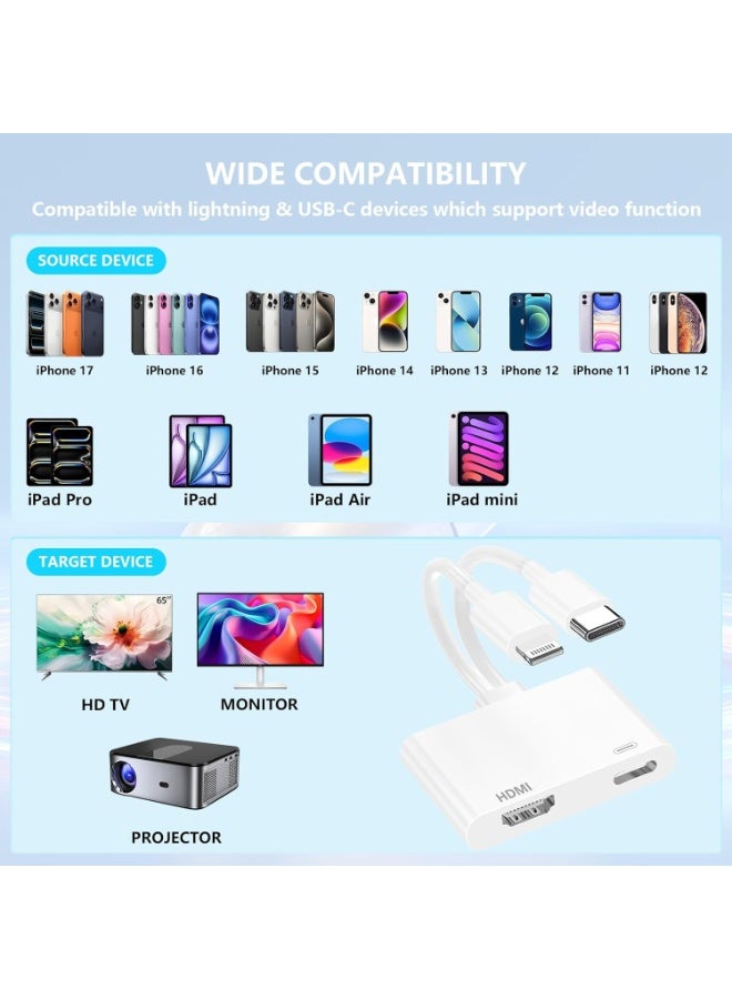محول Lightning و USB-C إلى HDMI لـ iPhone و iPad إلى التلفزيون، محول رقمي AV من Apple لمزامنة الشاشة بدقة 4K@60Hz، لهواتف iPhone 17/16/15/14/13/12 وأجهزة MacBook، للاستخدام مع التلفزيون / جهاز العرض / الشاشة. - Image 4