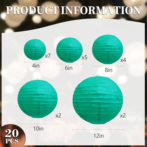 Zankubom 20Pcs Blue Green Paper Lanterns for Parties 6 8 10 12 Chinese Asian Hanging Round Paper Lanterns for Birthday Wedding Halloween Christmas Home Decor Party Decor - Image 3