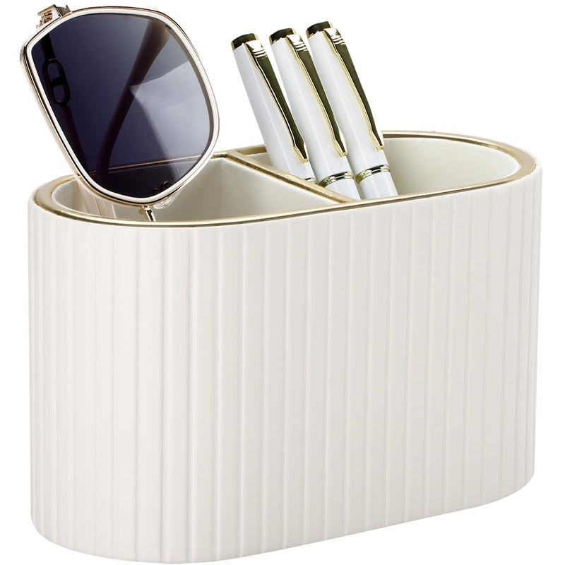 KINGFOM PU Leather Desk Organizer Pen Holder â€“ Dual-Compartment Stylish Pencil Cup Remote Control Holder Desktop Supplies and Accessories Organizer Caddy for Office Home School (Light Beige) - Image 1