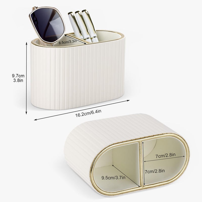 KINGFOM PU Leather Desk Organizer Pen Holder â€“ Dual-Compartment Stylish Pencil Cup Remote Control Holder Desktop Supplies and Accessories Organizer Caddy for Office Home School (Light Beige) - Image 2