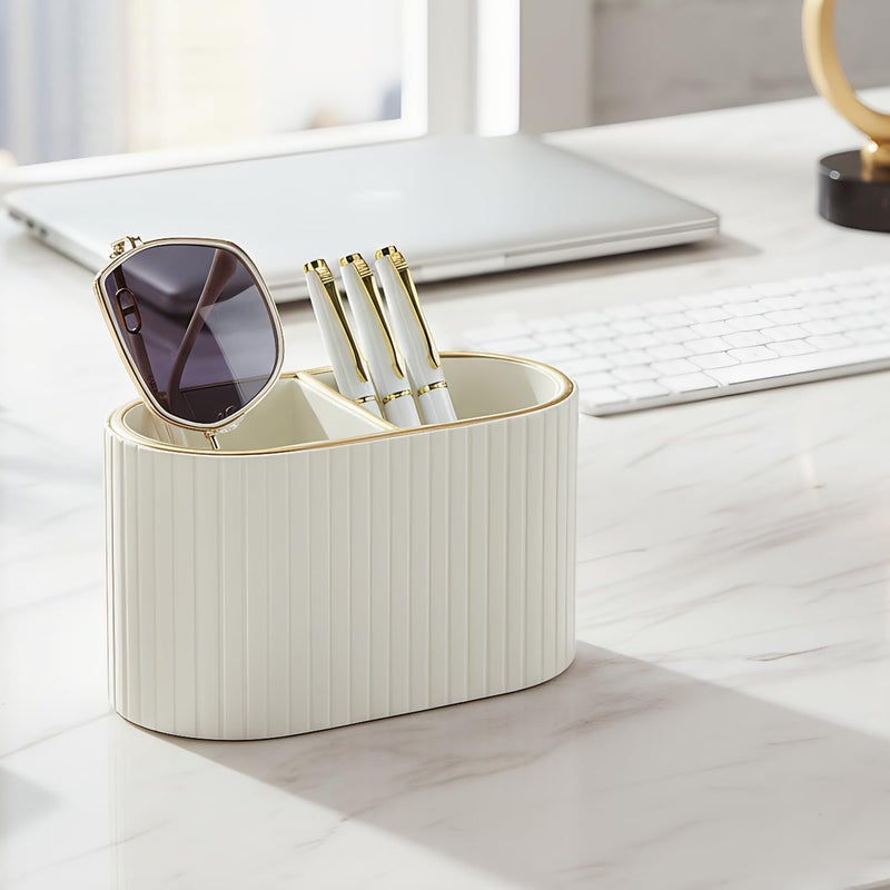 KINGFOM PU Leather Desk Organizer Pen Holder â€“ Dual-Compartment Stylish Pencil Cup Remote Control Holder Desktop Supplies and Accessories Organizer Caddy for Office Home School (Light Beige) - Image 5