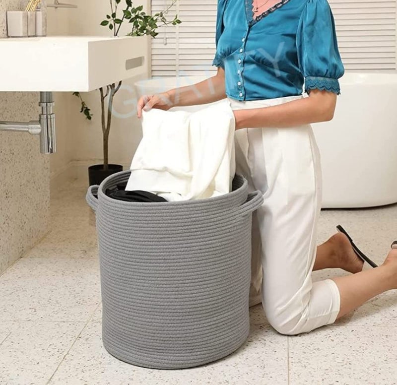 GRATIFY Mansa Traders 12" x 12" x 14" Large Storage Basket with Lid, Cotton Rope Storage Baskets, Laundry Hamper, Toy Bin, Toys Blankets Pillows Storage in Living Room Baby Nursery,Grey Stiches with Cover - Image 5