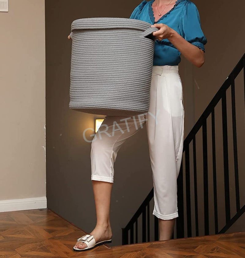 GRATIFY Mansa Traders 12" x 12" x 14" Large Storage Basket with Lid, Cotton Rope Storage Baskets, Laundry Hamper, Toy Bin, Toys Blankets Pillows Storage in Living Room Baby Nursery,Grey Stiches with Cover - Image 2