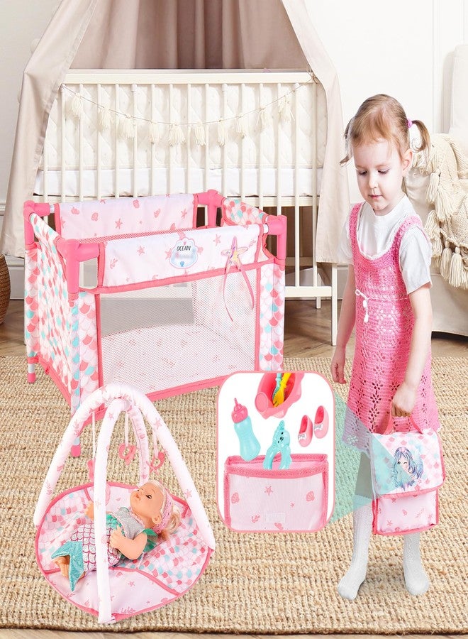 deAO Baby Doll Stroller Crib Bed Nursery Role Play Set Baby Doll Accessories and Play Mat,Travel Cot,Foldable Stroller and Travel Bag Birthday for Girls Boys Kids - Image 3